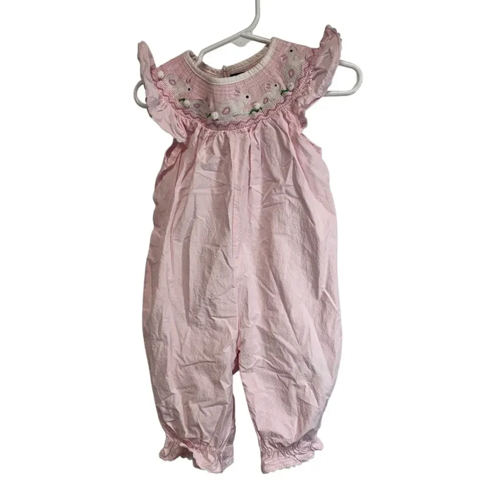 Lil Cactus smocked bunny Easter bubble romper light pink size 6-12 Months